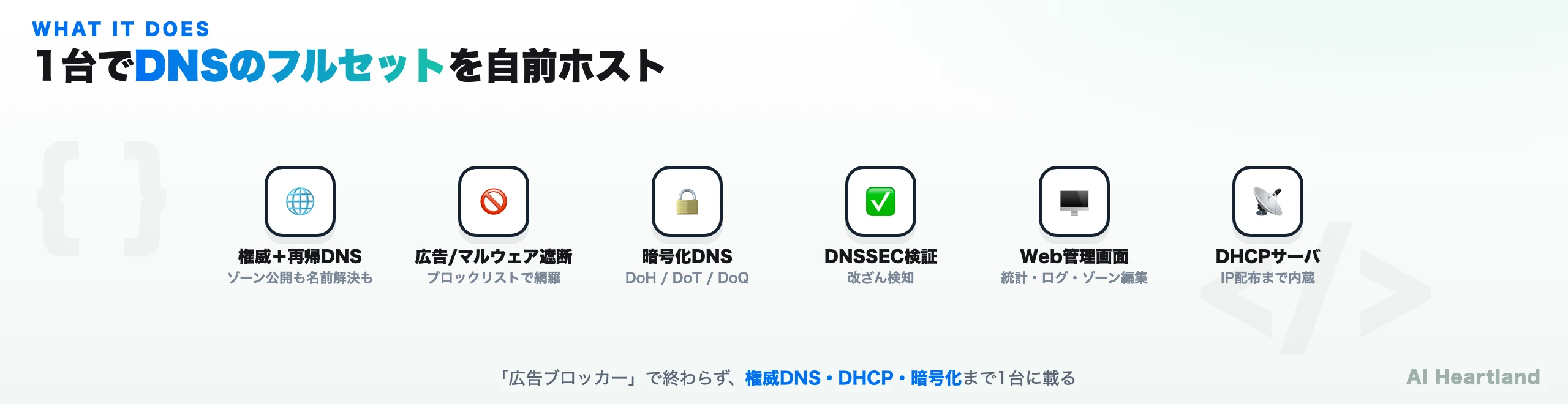 Technitiumの主な機能：権威＋再帰DNS、広告/マルウェア遮断、暗号化DNS（DoH/DoT/DoQ）、DNSSEC検証、Web管理画面、DHCPサーバ