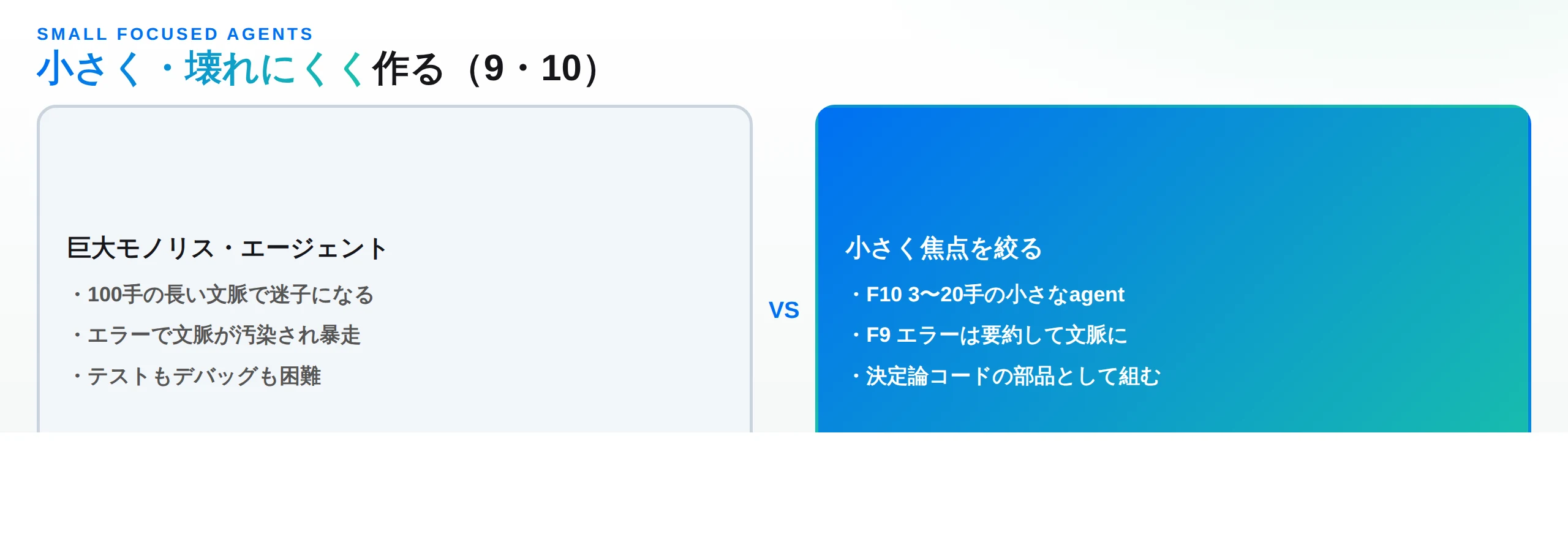 小さく壊れにくく作る比較：巨大モノリスは長文脈で迷子・エラーで暴走・テスト困難。小さく絞るとF10小さなagent・F9エラー要約・決定論コードの部品