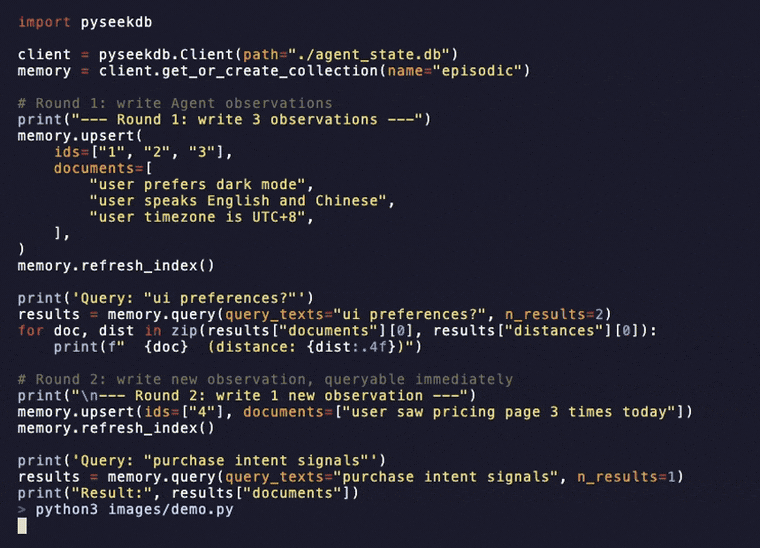 SeekDB（pyseekdb）でエージェントの観測を書き込み、直後に意味検索して結果が返ってくる公式30秒デモ