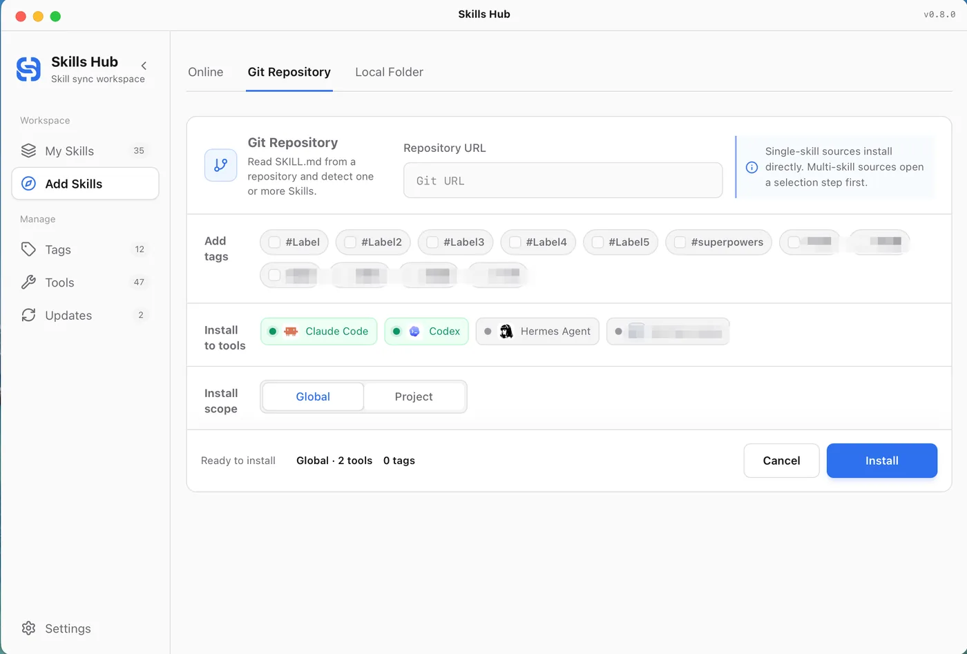 skills-hub の Add Skill 画面。Gitリポジトリからスキルを追加する際にタグ・同期範囲・同期先ツールを先に選べる