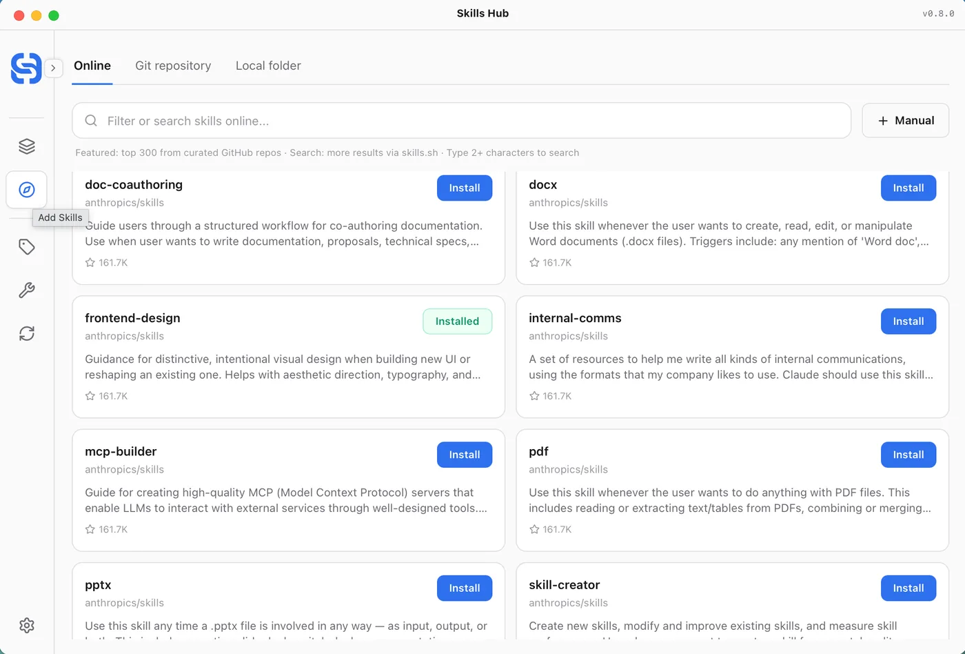 skills-hub の Explore 画面。キュレーションされたスキルとオンライン検索結果が並ぶ