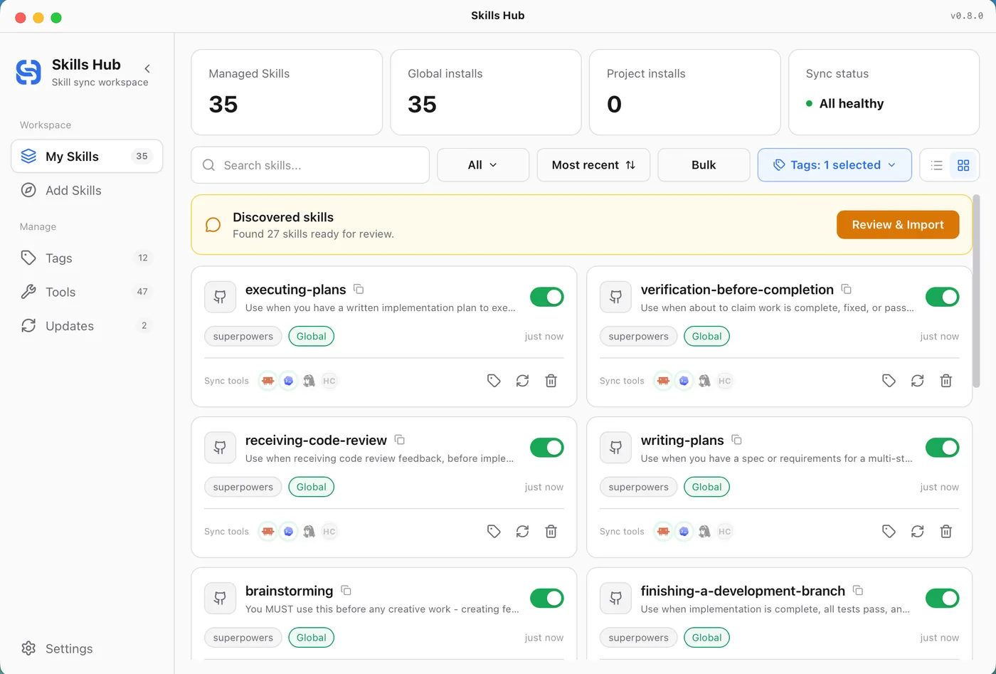 skills-hub の My Skills 画面。管理下のスキルがカード表示され、同期範囲・同期先ツール・タグ・有効状態が並ぶ