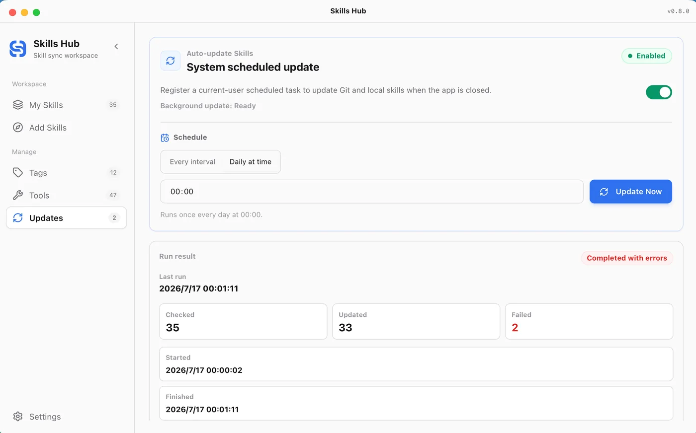 skills-hub の Updates 画面。定期実行のスケジュール登録と、直近の実行結果の件数が表示される