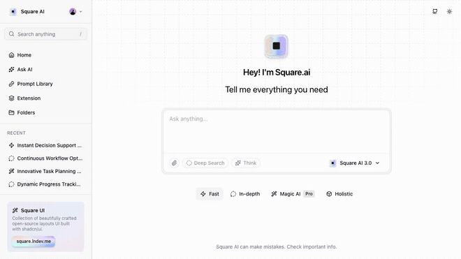 Square UIのchatテンプレートに実際にプロンプトを入力し、空状態から会話画面へ遷移するまでの実機デモ