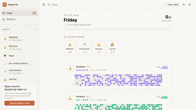 Square UIのhabit-trackerテンプレートで習慣を3つチェックし、カウンタが0/6から3/6へ変化する実機デモ