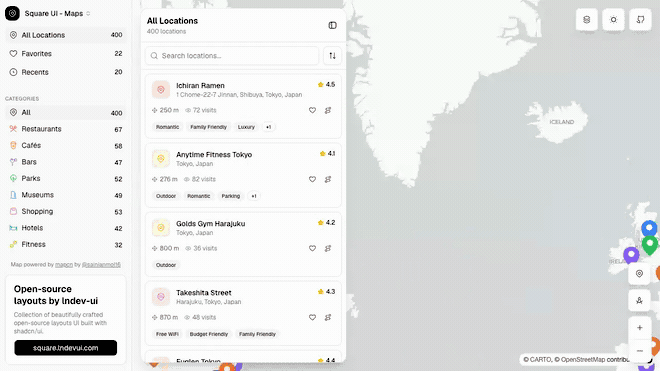 Square UIのmapsテンプレートでカテゴリを切り替え、地点リストと地図マーカーが連動して絞り込まれる実機デモ