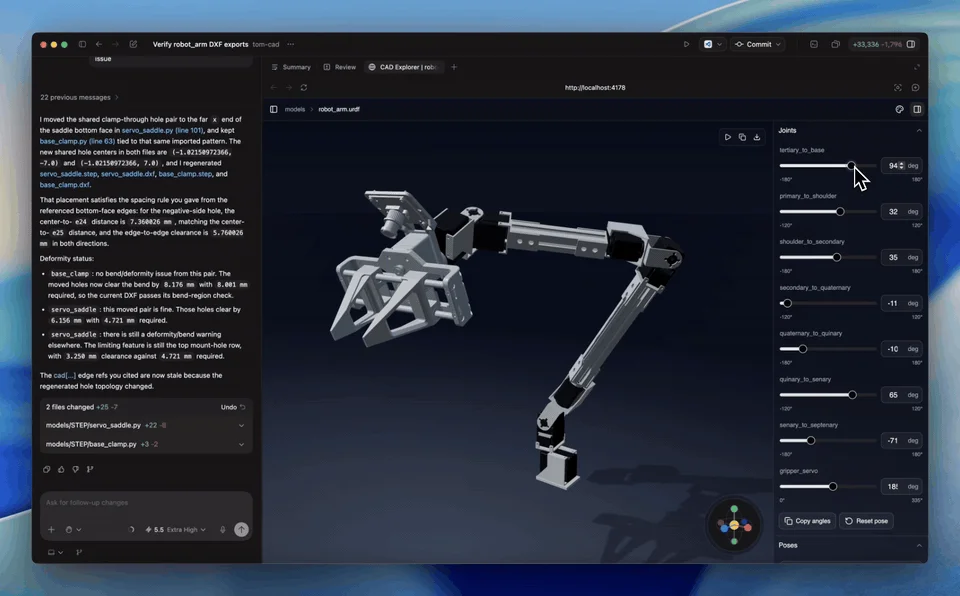 URDF skillでロボットアームの構造ファイルを生成し、ジョイント角度スライダー付きの3Dビューアで確認している画面