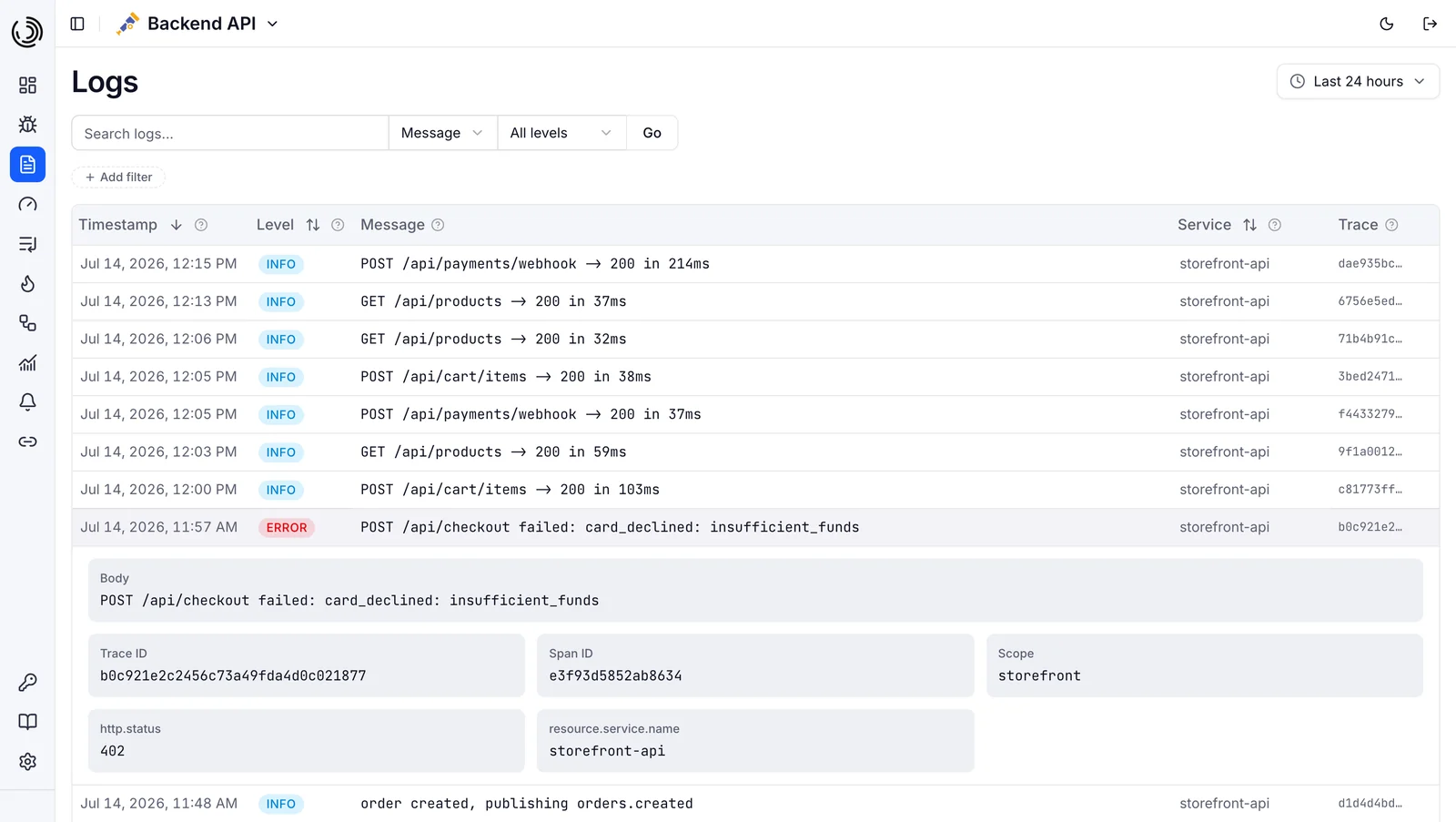 Traceway の Logs 画面。構造化ログがトレースに紐付いて検索できる