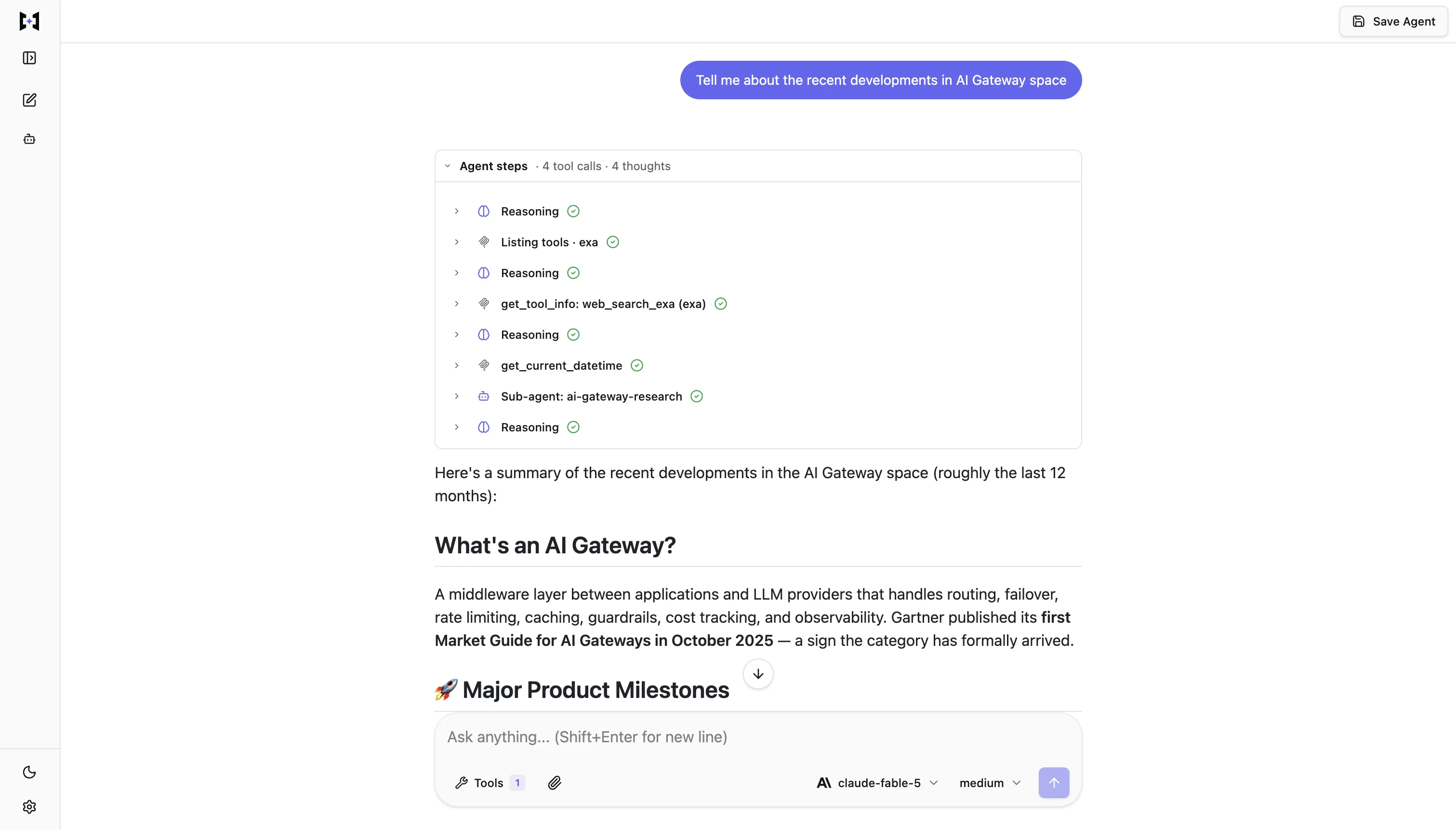 TrueForgeの標準チャットUI。左サイドバーにエージェント一覧、中央にチャット、ツール実行の途中経過が展開表示されている