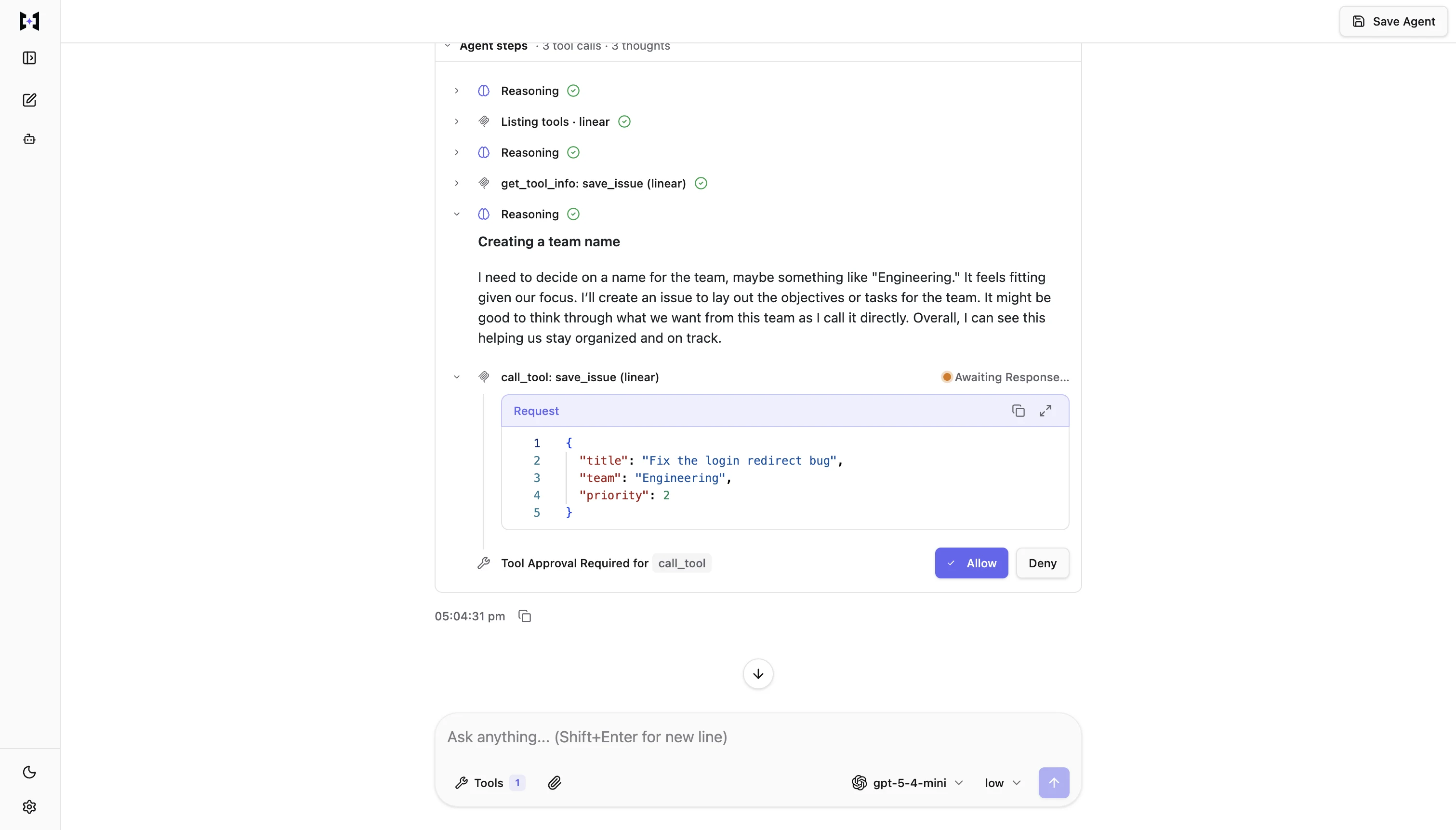 TrueForgeのツール承認画面。エージェントが実行しようとしているツールの内容が表示され、承認・却下ボタンが並ぶ