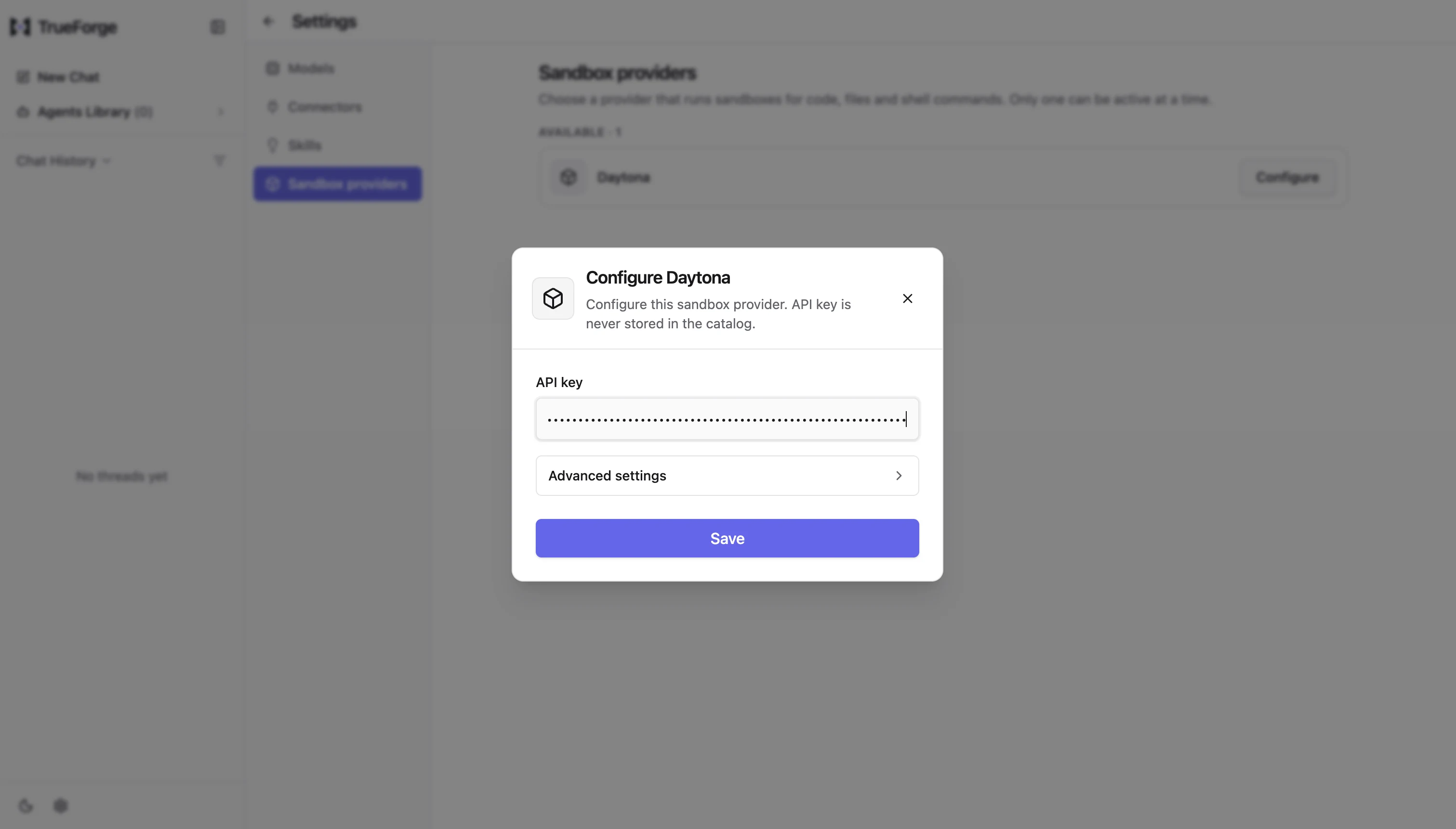 TrueForgeのサンドボックスプロバイダ設定画面。プロバイダの選択と認証情報の入力欄が表示されている