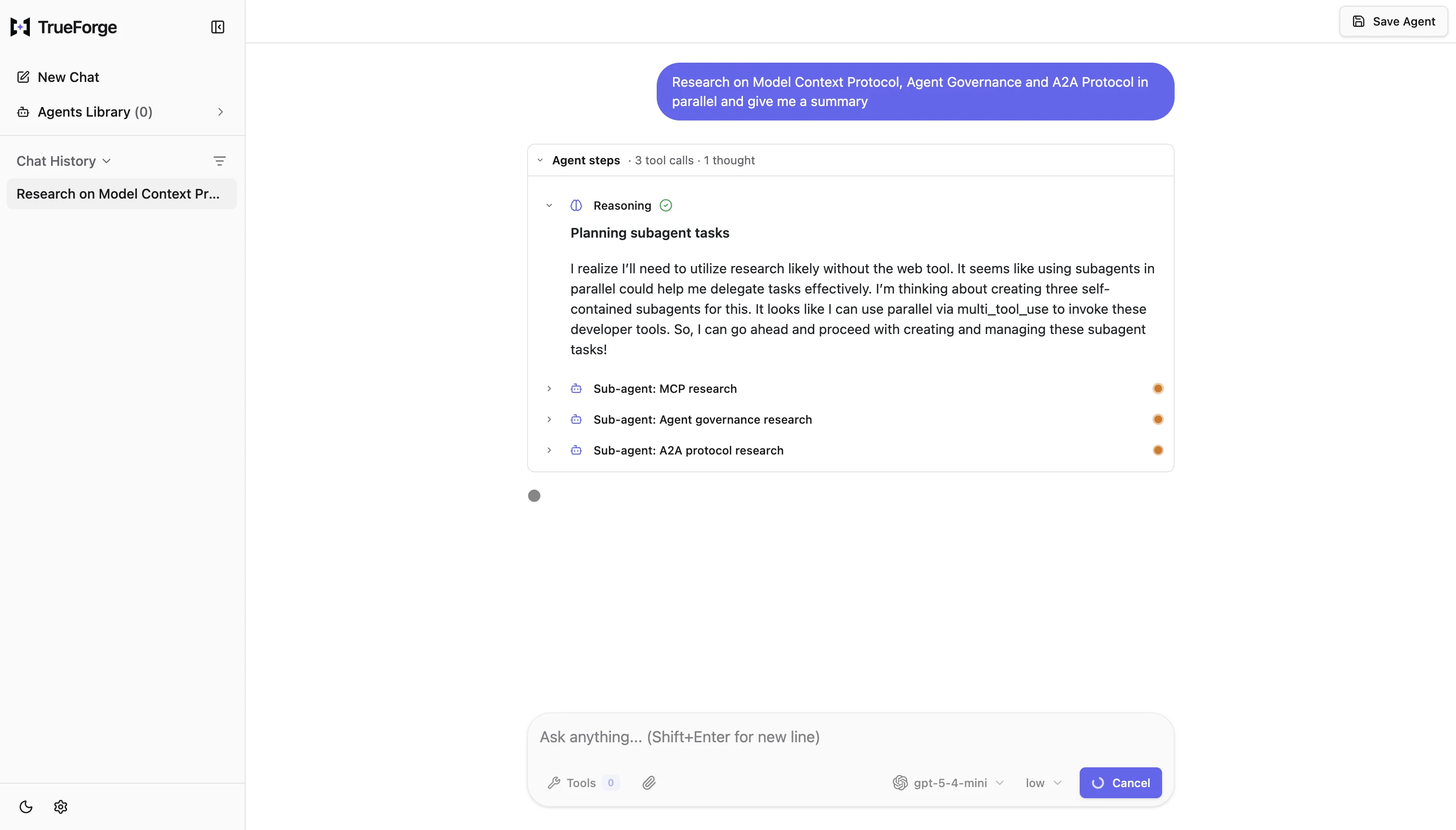 TrueForgeのサブエージェント実行画面。親セッションの下に子エージェントの実行が階層表示されている