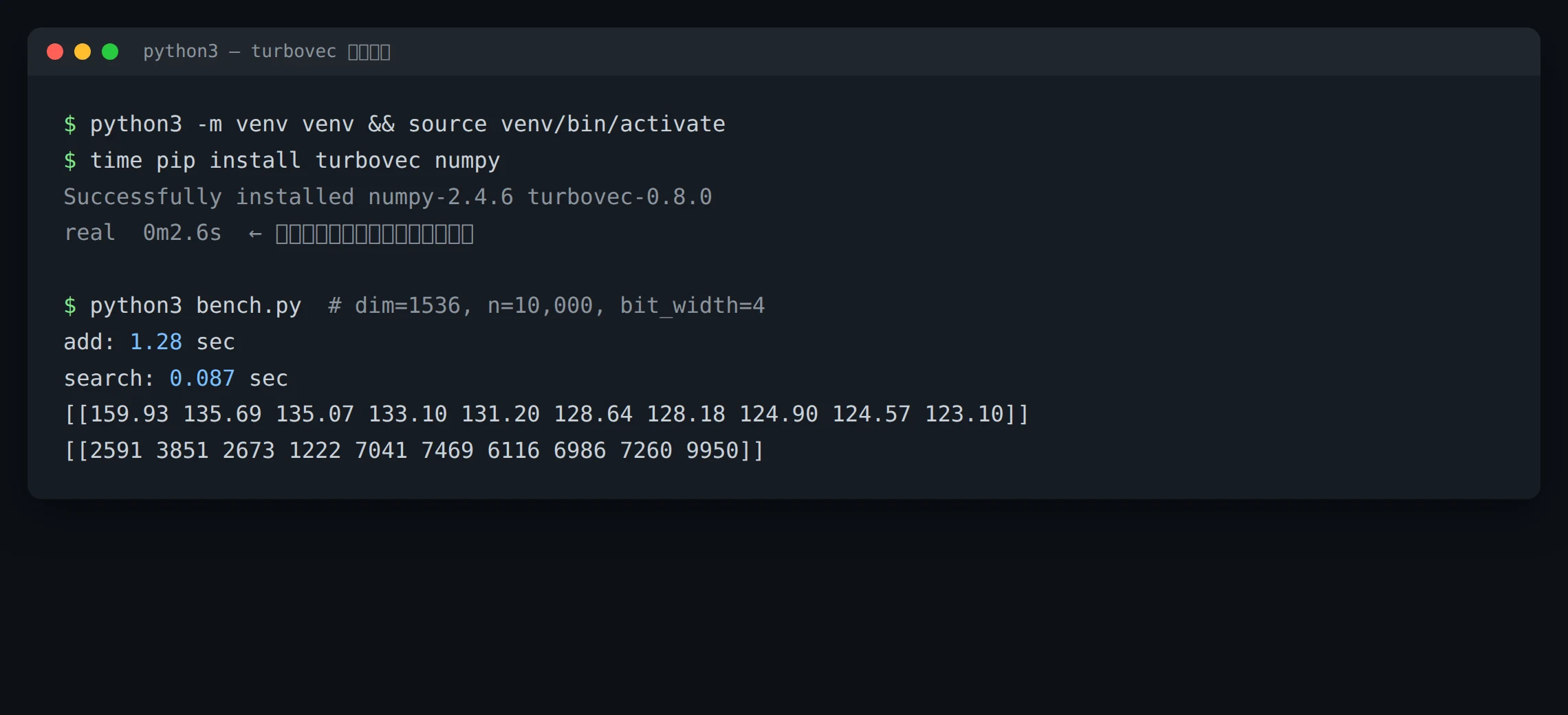turbovecの実行結果のターミナル出力。addが約1.28秒、searchが約0.087秒