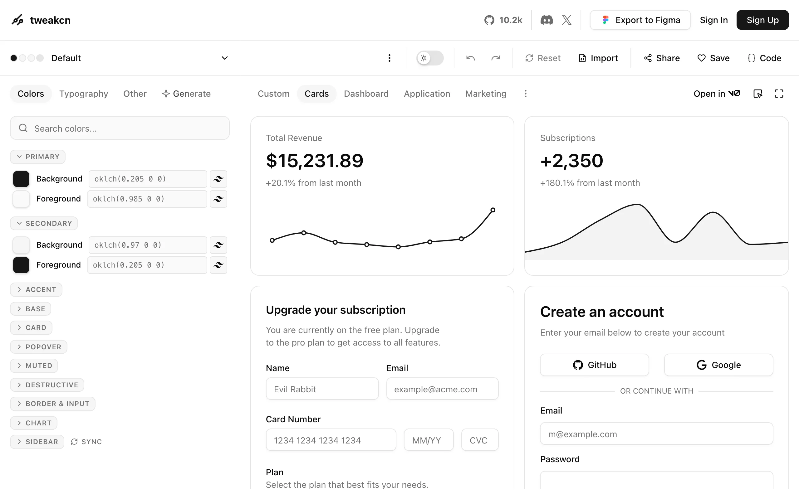 tweakcnの編集画面。左パネルにPrimary/Secondary/Accentなどの色コントロール、右にCards/Dashboardなどのライブプレビューが並ぶ