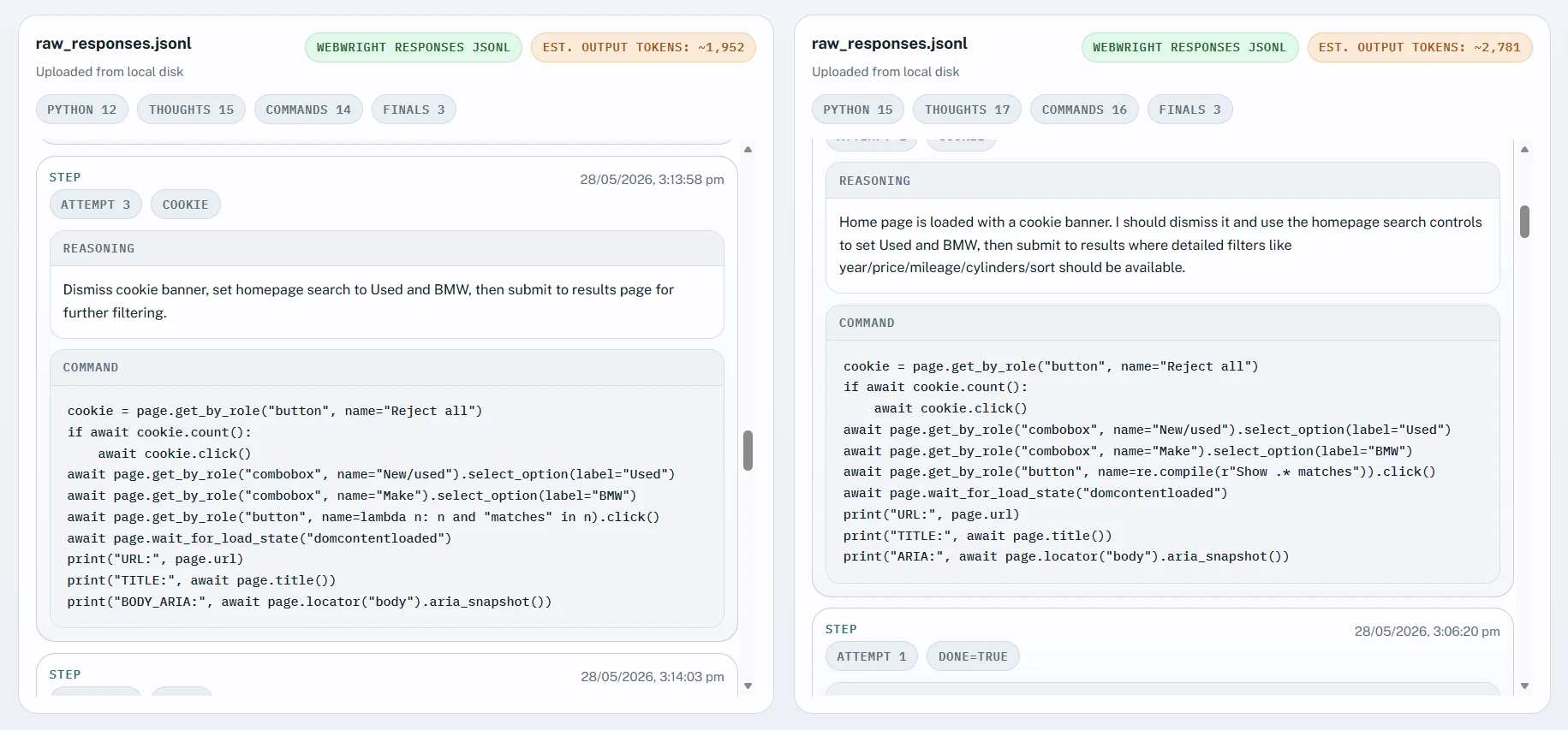 Webwrightのトラジェクトリ表示。各ステップにREASONINGとCOMMANDが対になり、COMMANDにはPlaywrightのPythonコードがそのまま入っている